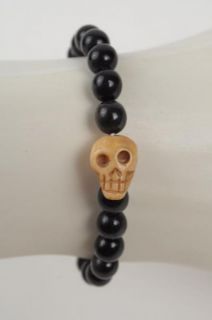 Chan Luu for Men New Black Horn Beads Bone Head Skull Stretch Bracelet 