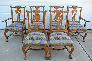 Ethan Allen Royal Charter Oak Dining Chairs 6 Chippendale Backs 2 Arm 