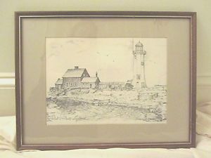 SIGNED CHARLES H OVERLY OLD SCITUATE LIGHT LIGHTHOUSE WATERCOLOR PRINT 