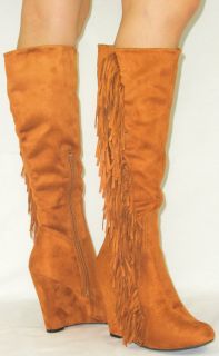 Cherokee Indian Faux Suede Wedge Fringe Tassel Tall Knee High Boots 