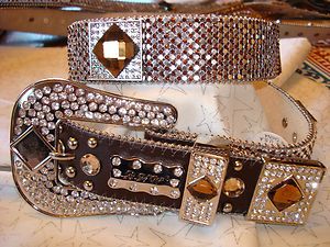 Western Cowgirl Brown and Silver Rhinestone Crystal Belt Size Large 
