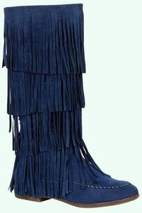 Cherokee Indian Fringe Blue Suede Moccasin Mid Upper Calf Flat Boots 
