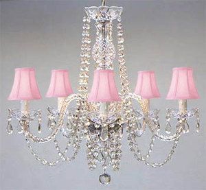   AUTHENTIC ALL CRYSTAL CHANDELIER LIGHTING CHANDELIERS WITH PINK SHADES