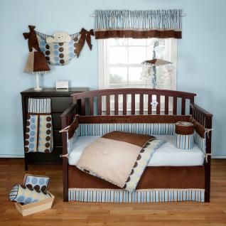 3pc Chocolate Brown Beige Blue Striped Polka Dot Baby Boy Nursery Crib 