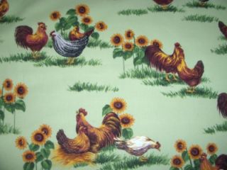 Country Chickens Roosters Sunflowers Green Cotton Quilt Fabric BTY 