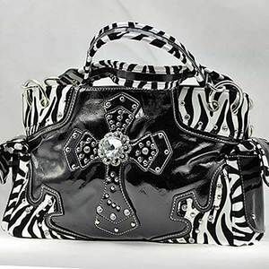 New Western Shiny Black Zebra Rhinestone Purse Handbag w Cross Cowboy 