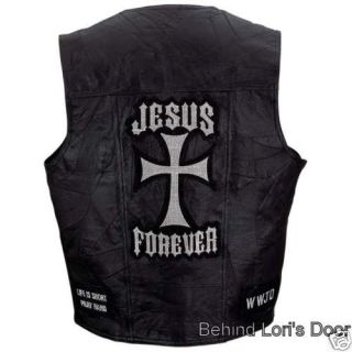 XL Black Leather Christian Cross Biker Vest w Patches