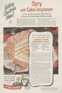 Spry 1947 Cherry Snow Christmas Cake Ad Recipe