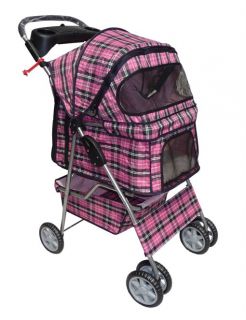 New Stable Pink Plaid Pet Dog Cat Stroller w Rain Cover