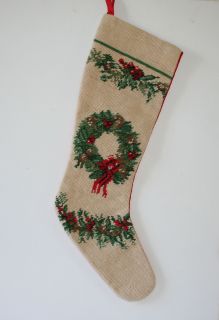 Vintage Wool Needlepoint WREATH and GARLAND Christmas Stocking