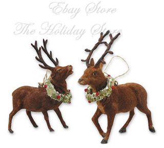 Bethany Lowe Pair Flocked Reindeer Christmas Ornaments