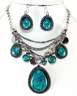 Chunky ~ Dangled ~ Multi Chain ~ Turquoise Metal Art Beads/Crystal 