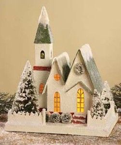 Bethany Lowe Christmas Large Church traditional design snow glitter 