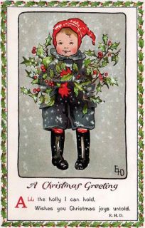 Christmas Boy EHD Repro Greeting Card Dewees Holly Berries