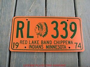 1974 74 Minnesota Minn MI Red Lake Band CHIPPEWA Indian License Plate 