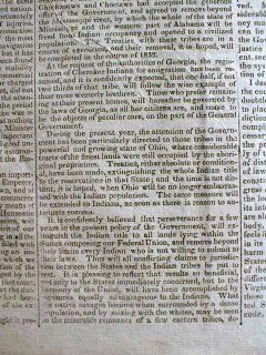 Orig 1831 Newspaper Cherokee Indian Removal Policy Trail of Tears 