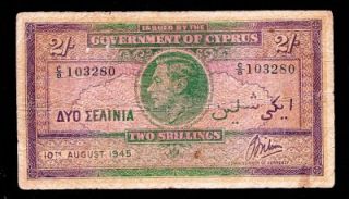  1945 2 TWO SHILLINGS *VG* VERY RARE,GREECE,ZYPERN.CHYPRE CHIPRE CIPRO