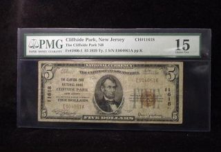 11618 1929 $5 Cliffside Park National Bank, NJ PMG 15 Choice Fine