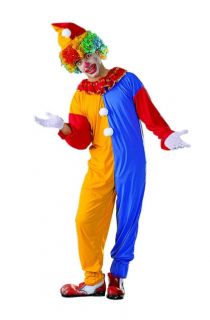 Clown Adult Costume includes Blue, Yellow, and Red Jumpsuit and