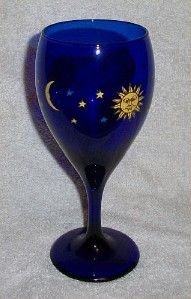 Libbey Cobalt Blue Celestial Drinking Stem Wine Glass Sun Moon Stars