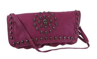 plum purple pebblegrain vinyl clutch purse with skull studs