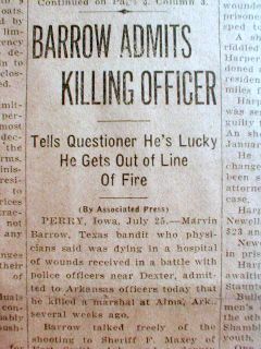 1933 Localtexas Newspaper Bonnie Clyde Barrow Shootout w Police Dexter