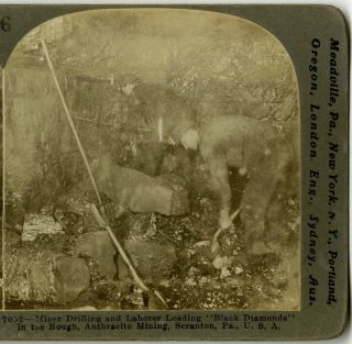 Stereoview Coal Mining PA Anthracite Underground Miners Drilling and