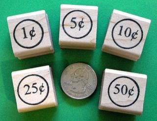 Coin Set Values Set of 5 Mounted Rubber Stamps