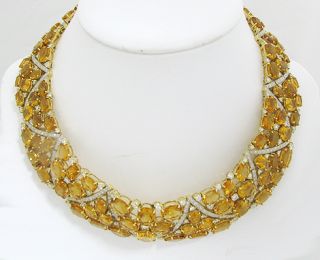 18K Yellow Gold Necklace w Citrine Stones Diamonds