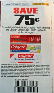  75 1 Colgate Optic White Total Advanced or Sensitive Toothpaste