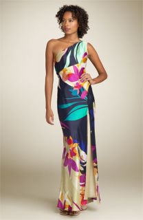 Mary L Couture One Shoulder Floral Print Silk Gown