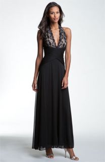 Betsy & Adam Lace & Mesh Halter Gown
