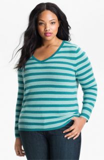 Halogen® Stripe Cashmere V Neck Sweater (Plus)