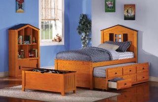 Jacob Trundle Bed Twin Size Oak Finish Youth Bedroom Toy Box and
