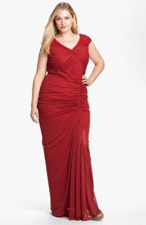 Adrianna Papell Twist Front Ruched Mesh Gown (Plus)