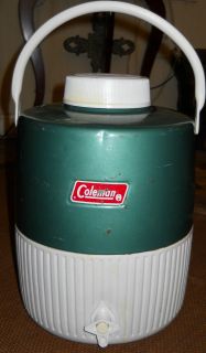 Vintage Coleman Water Cooler Jug Green Metal Two Gallon Cup Included