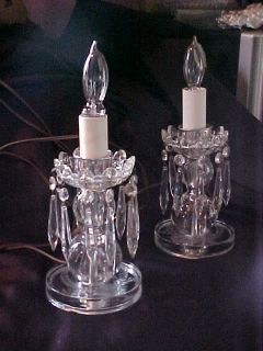 Vintage Antique Pair Etched Crystal Lamps with Prisms