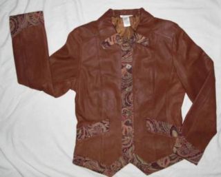 Womens Coldwater Creek Brown Leather Jacket w Tapestry Fabric Size