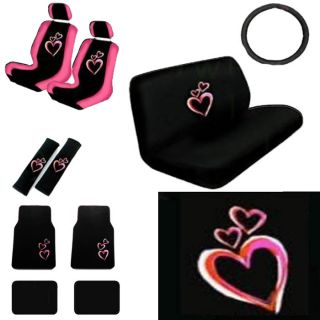 15pc Set Truck Seat Covers Love Pink Red Heart Floor Mats Wheel Belt