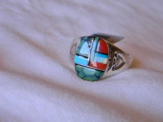 sterling silver mens signed Navajo ring multi stone inlay size 11 or