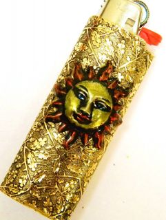 Colored sun face bic lighter case cover plated antiqued gold fits a 3