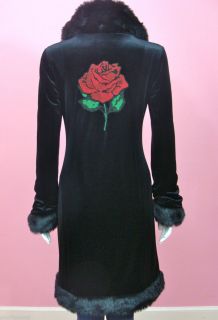 Betsey Johnson Tattoo Rose Coat Faux Fur Black Velvet Jacket