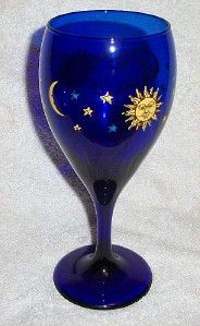 Libbey Cobalt Blue Celestial Drinking Stem Wine Glass Sun Moon Stars