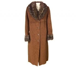 Utex Design Embroidered Faux Shearling Long Coat with Faux Fur