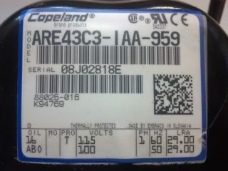 Copeland Compressor ARE43C3 IAA 959 1 3 HP 115V 4 080 BTU R22 Hermetic