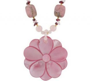 Lee Sands Gemstone &Shell Flower Inlay Pendant with 19 Necklace
