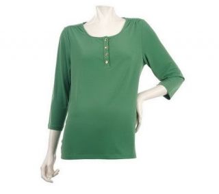 Susan Graver Liquid Knit Henley Top with 3/4 Sleeves & Button Placket 