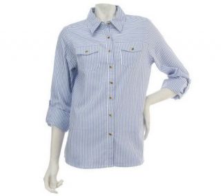 Denim & Co. Button Down Stripe Shirt with Roll Tab Sleeves —
