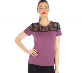 Isaac Mizrahi Live Stretch Rayon Lace Overlay Knit Top   A201125