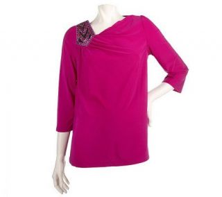 Bob Mackies Roman Draped Knit Top with Embroidery Detail —